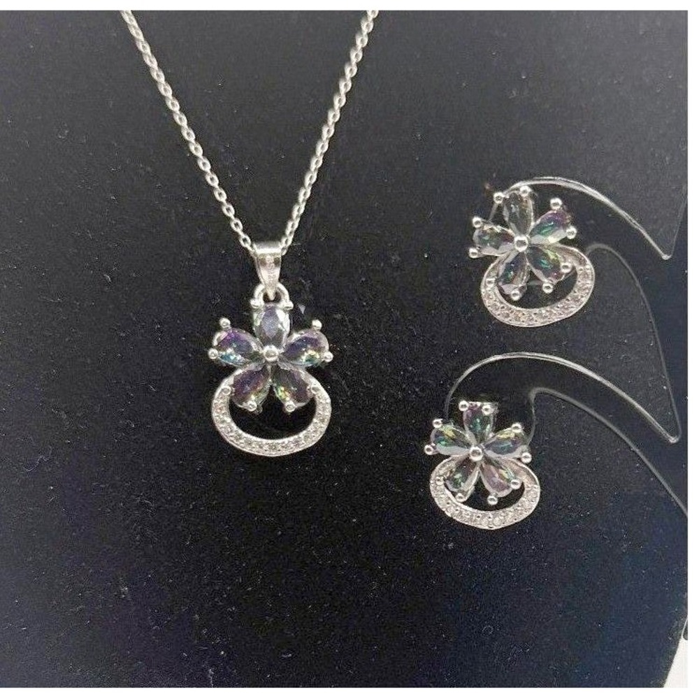 S925 Sterling Silver Floral Necklace & Earrings Set Iridescent CZ